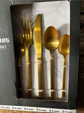 NEW 20 Pce ST JAMES Gold Stainless Flatware Set - Minimalist Monterey Pattern